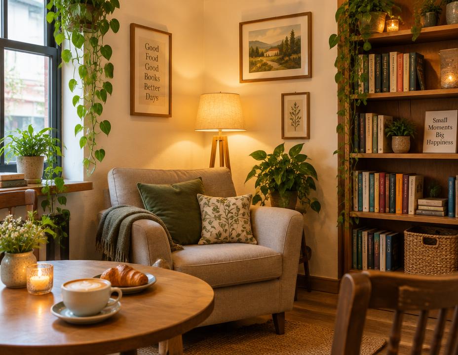 A cozy armchair corner with warm lamp light and books